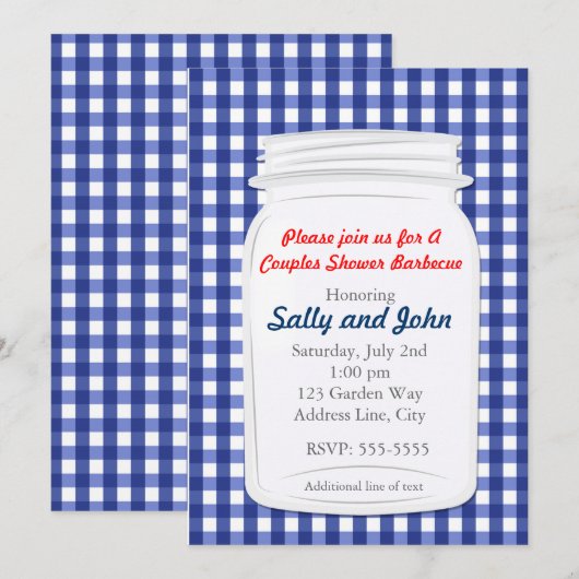 Blauw geruit Mason Jar landelijke roestige uitnodi Kaart (Voorkant / Achterkant)