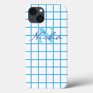 Blauw geruit monogram iPhone 13 hoesje