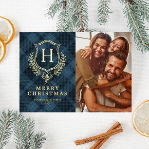 Blauw geruit monogram foto kerst folie feestdagenkaart