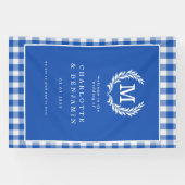 Blauw geruit monogram wapen trouwwelcome spandoek (Horizontaal)