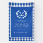Blauw geruit monogram wapen trouwwelcome spandoek (Verticaal)