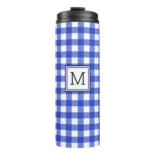 Blauw geruit monogram warmhoudmok thermosbeker (Voorkant)