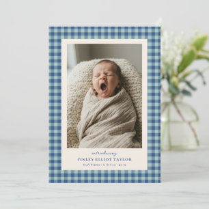 Blauw geruit nieuwgeboren foto babyjongen geboorte aankondiging
