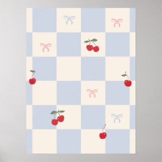 Blauw geruit patroon met kersen poster