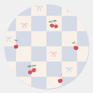Blauw geruit patroon met kersen ronde sticker
