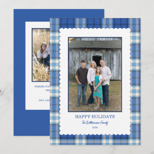 Blauw geruit Scallop Frame Foto Kerstmis Feestdagenkaart