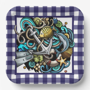 Blauw geruit scheepvaart papier bord