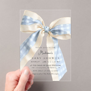 Blauw geruit strikje cute baby shower acryl uitnodigingen