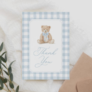 Blauw geruit teddybeer babyshower bedankkaart