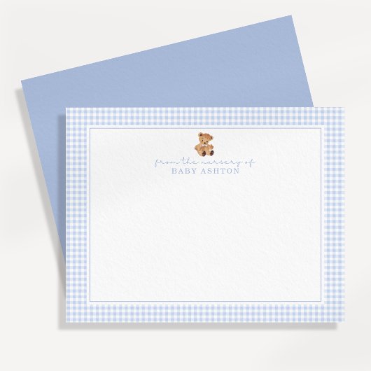 Blauw geruit teddybeer kraamkaart aankondiging