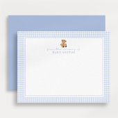 Blauw geruit teddybeer kraamkaart aankondiging