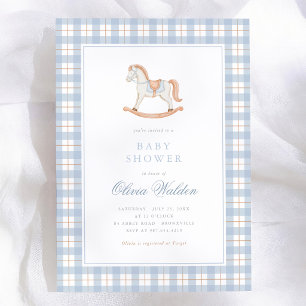 Blauw geruit vintage schommelpaard babyshower kaart