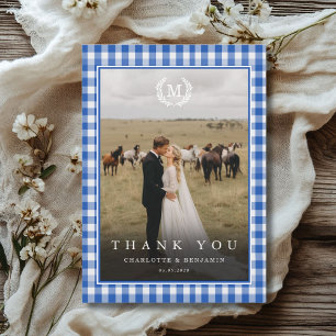 Blauw geruit wapen met monogram 2 foto bedankkaart