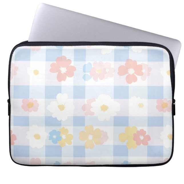 Blauw geruite bloem laptop sleeve (Voorkant)