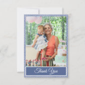 Blauw geruite Gingham Verjaardag Dank u Foto Bedankkaart (Voorkant)
