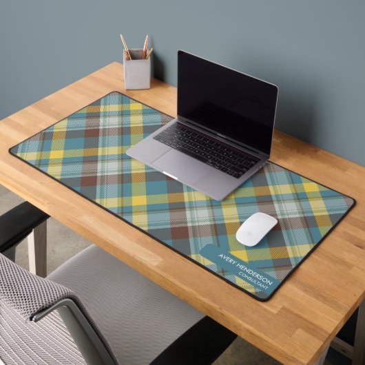 Blauw geruite Patroon Aangepaste Naam Monogram Tek Bureaumat (Kantoor 2)