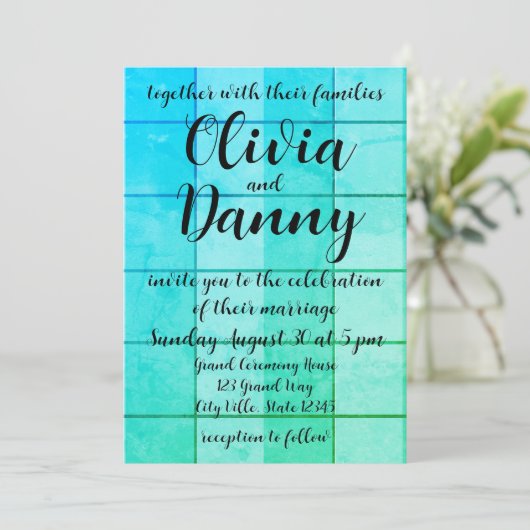 Blauw geruite raster patroon strand bruiloft kaart (Staand voorkant)