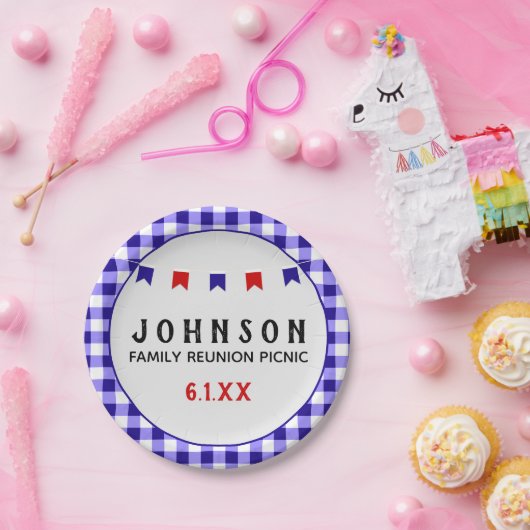 Blauw geruite tafelkleed Zomer Picknick Reunion Papieren Bordje (Feest)