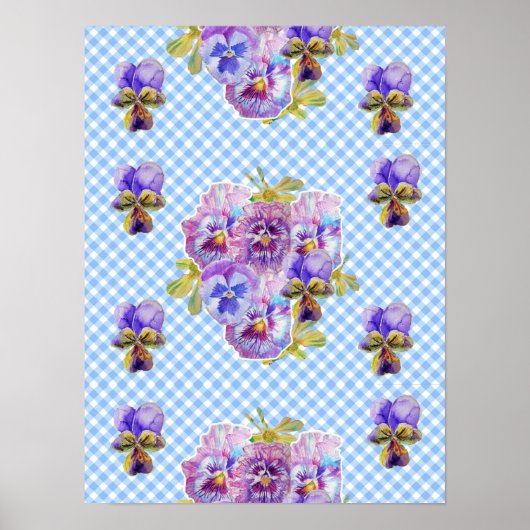 Blauw geruite viooltje bloemen Shabby Chic Poster (Voorkant)