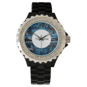 Blauw geschilderd hout horloge