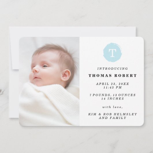 Blauw geschilderd monogram foto geboorte aankondig aankondiging (Voorkant)