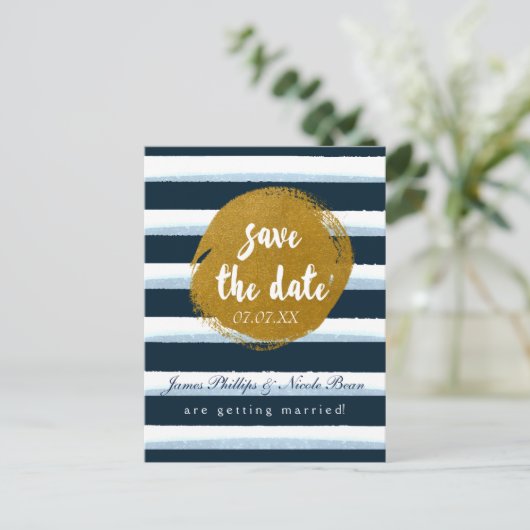 Blauw Gestreept & Gouden Folie sparen het datum Br Aankondigingskaart (Staand voorkant)