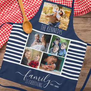 Blauw Gestreepte 5 Foto Collage Citaat Familienaam Schort