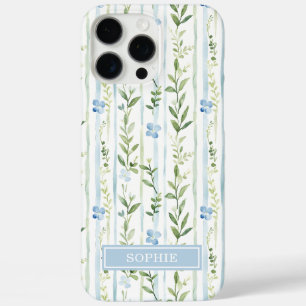 Blauw gestreepte bloemige gepersonaliseerd iPhone 16 pro max hoesje