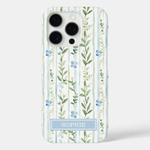 Blauw gestreepte bloemige gepersonaliseerde iPhone 16 pro hoesje