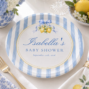 Blauw gestreepte citroen en strik Amalfi baby show Papieren Bordje