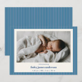 Blauw gestreepte moderne foto van pasgeboren babyj aankondiging (Voorkant / Achterkant)