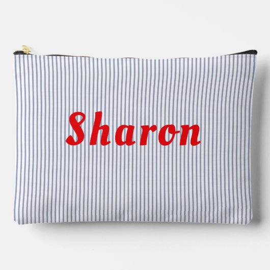 Blauw gestreepte, rode letters accessoire zakje. etui (Voorkant)