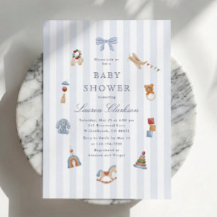 Blauw gestreepte schommelpaard baby shower met pre kaart