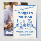 Blauw getekend samen met foto bruiloft uitnodiging (Voorkant / Achterkant)