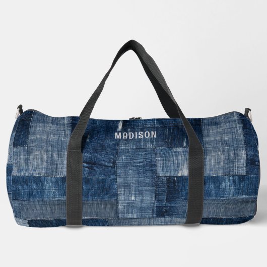 Blauw getextureerd denim stof patroon gepersonalis plunjezak (Voorkant)