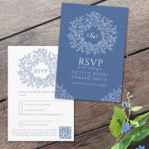 Blauw getrokken blad monogram RSVP bruiloft QR Cod