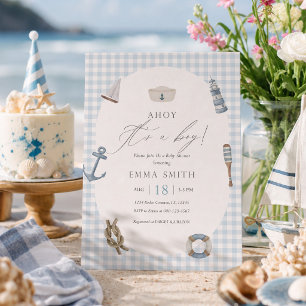 Blauw Gingham Ahoy Jongen Baby Shower Nautilus Kaart