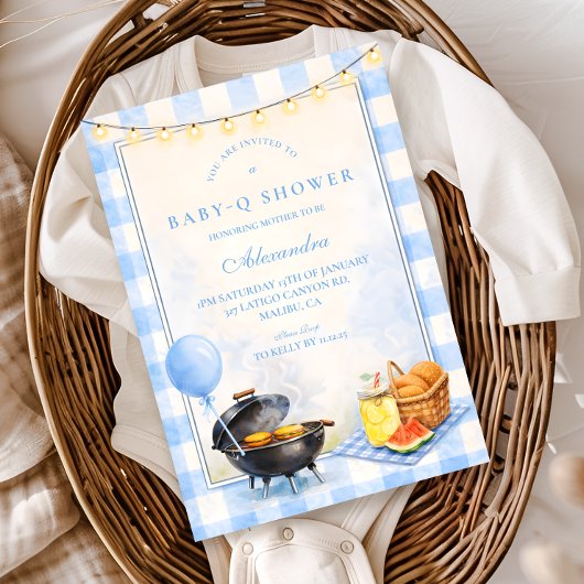 Blauw Gingham Baby Q Baby Shower Kaart