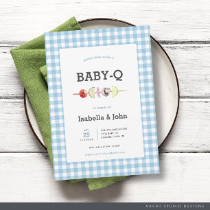 Blauw Gingham BabyQ Couple Baby Shower Uitnodiging