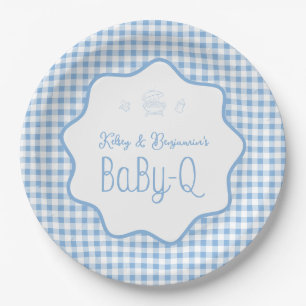 Blauw Gingham Barbecue Jongen BBQ Baby-Q Baby Show Papieren Bordje