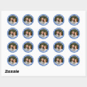 Blauw Gingham Bedankt Foto Ronde Sticker (Vel)