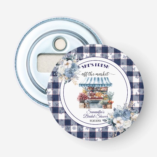 Blauw Gingham Bloem Bruidsfeest favor Button Flesopener (Voorkant)