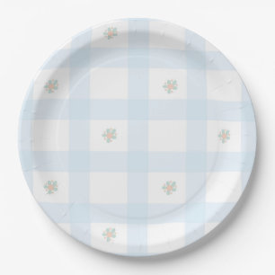 Blauw Gingham Bloemen CartoonFeestartikelen Papieren Bordje