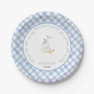 Blauw Gingham Bloemstuk Eén Dwaze Gans 1e Verjaard Papieren Bordje