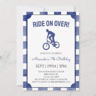 Blauw Gingham BMX-fiets Verjaardagsfeestje Kaart
