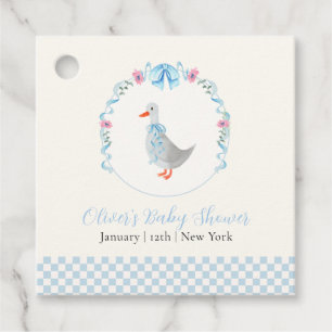 Blauw Gingham Bosland Domme Gans Baby Shower Bedankjes Labels