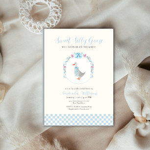 Blauw Gingham Bosland Domme Gans Baby Shower Kaart