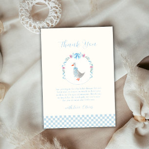 Blauw Gingham Bosland Dwaze Gans Baby Shower Bedankkaart