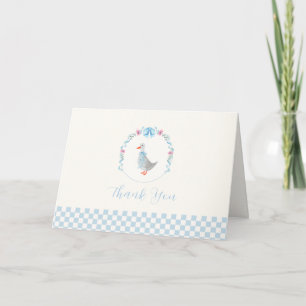 Blauw Gingham Bosland Dwaze Gans Jongens Baby Show Bedankkaart