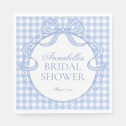 Blauw Gingham Coquette Strik Bruidsdouche Dessert Servet (Voorkant)